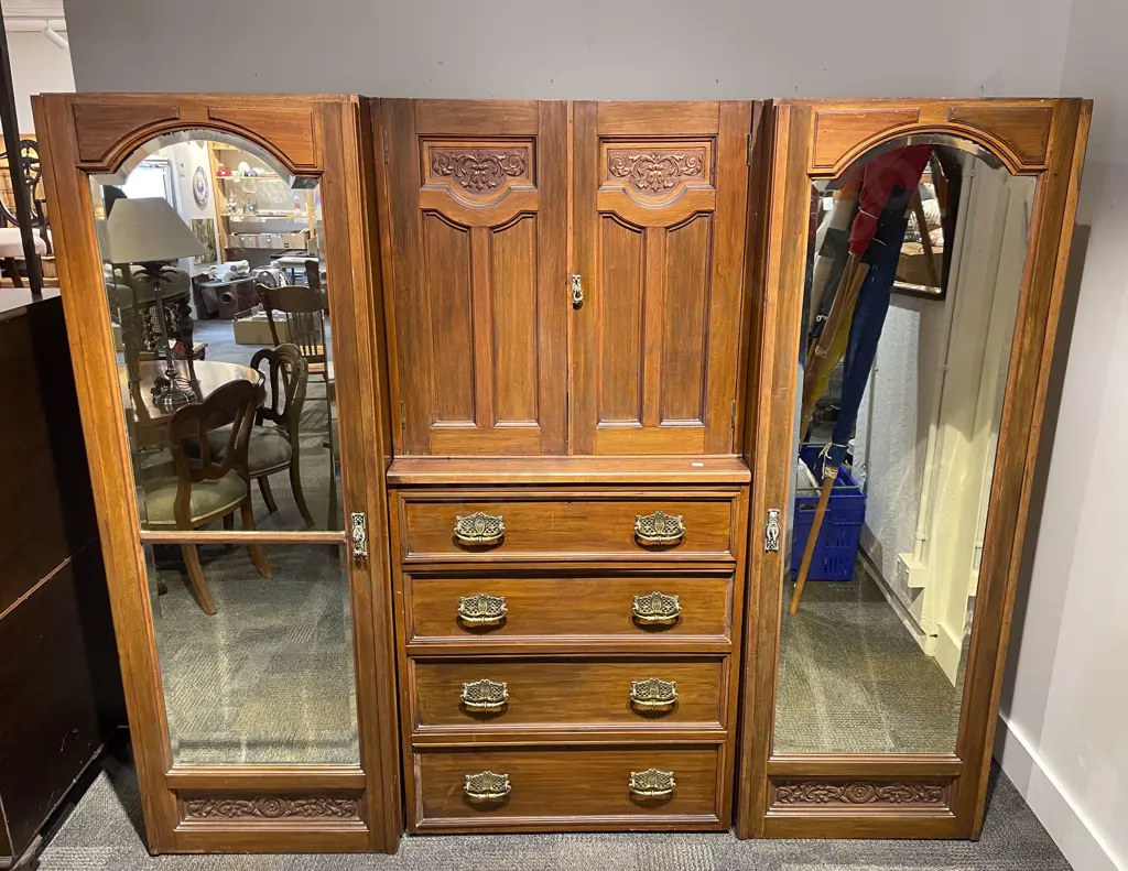 Large Late Vict. Mirror Door Wardrobe (Lacking Base and Top) Image 1++