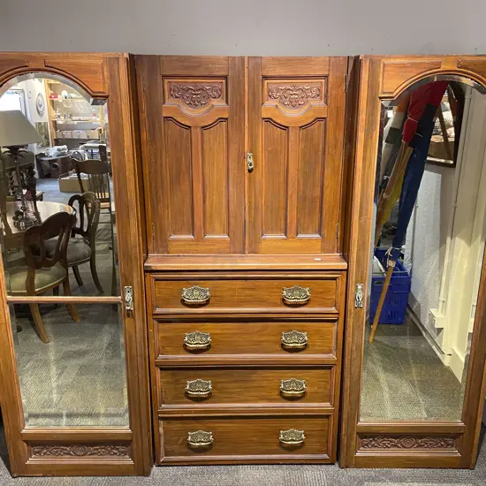 Large Late Vict. Mirror Door Wardrobe (Lacking Base and Top)
