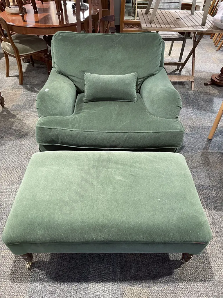 Modern Green Draylon Armchair and Stool Image 1++